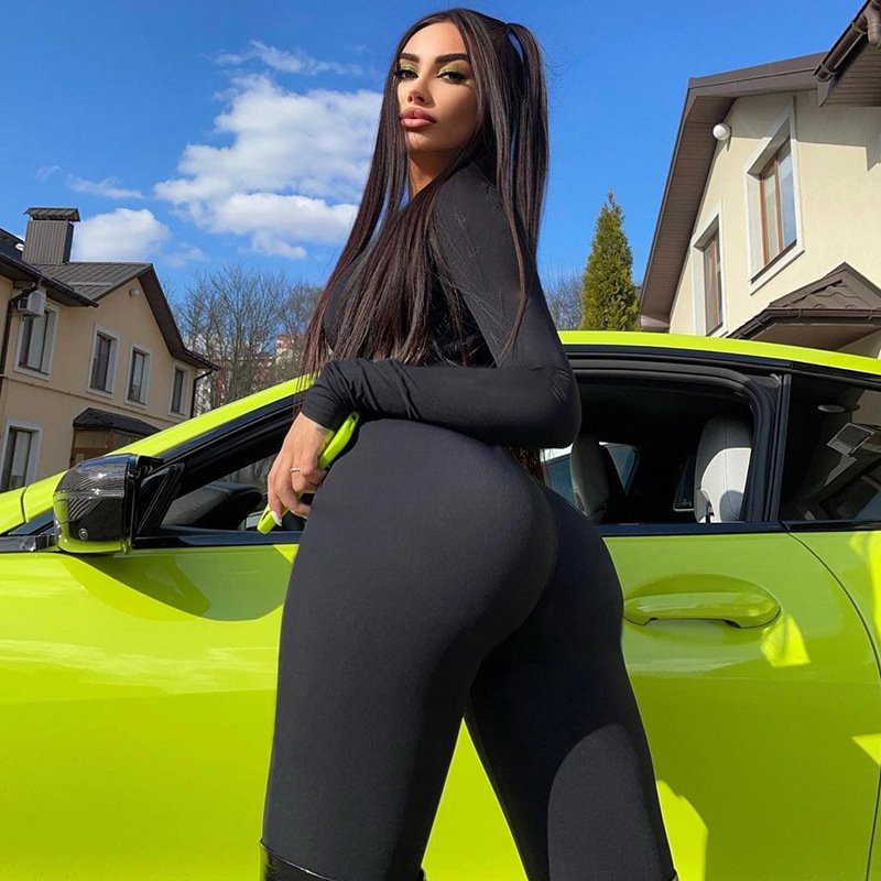 JY22540 European and American Style Hot Girl Fashion Sports Leather American Style Split Line Long Sleeve Zipper Slim-Fit Hip Jumpsuit - Image 3