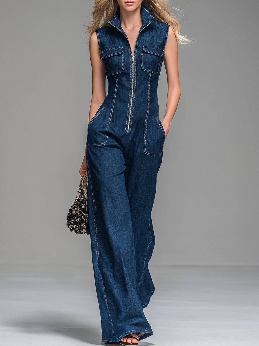 Cross-Border Amazon New Model Spring and Summer Casual Imitation Denim Fashion Retro Stand-Up Collar Zipper Sleeveless Jumpsuit - Image 3