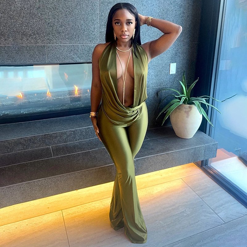D25Jp554 European and American Foreign Trade Women's Fashion Sexy Hollow-Out Faux Two-Piece Halter Neck Swing Collar Backless Jumpsuit - Image 3