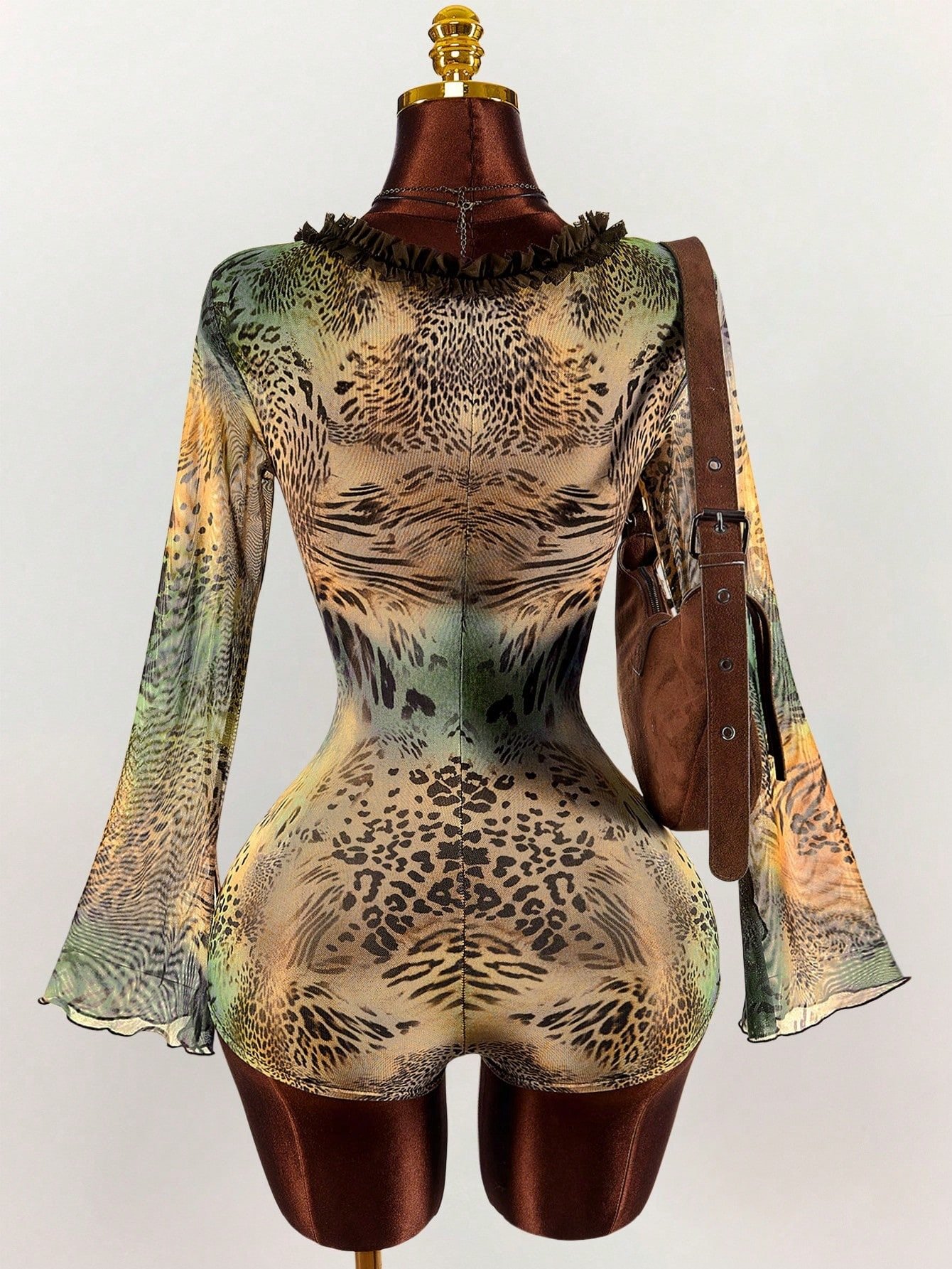 European and American New Style Slim-Fit Sexy Lace-Trimmed Leopard Print Mesh Hollow-Out Jumpsuit - Image 3