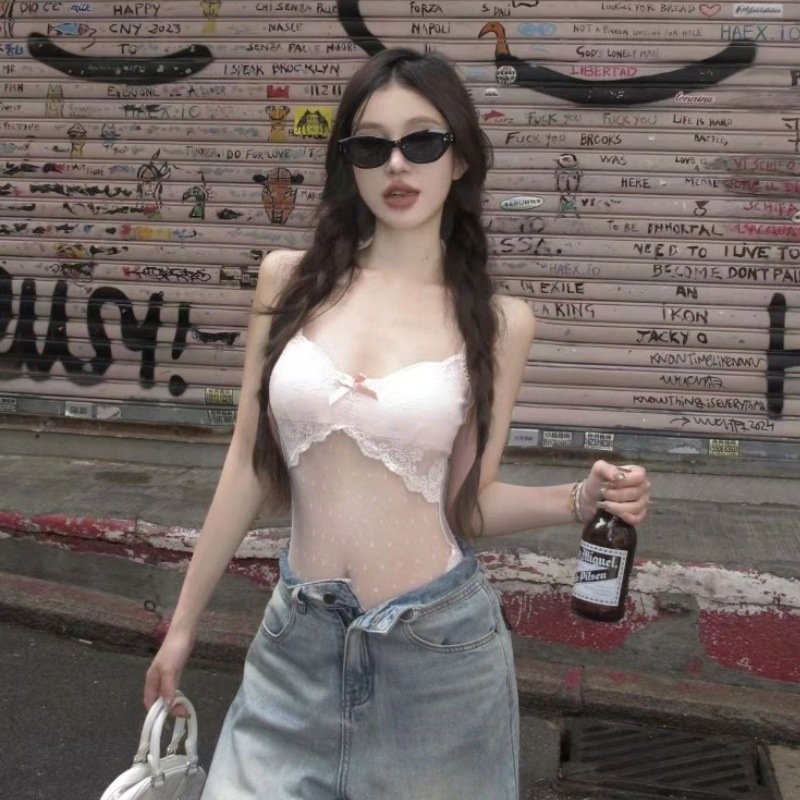 Summer 2024 Slim-fit Spice Girl Sexy Perspective Camisole with Lace Mesh Stitching Bodysuit