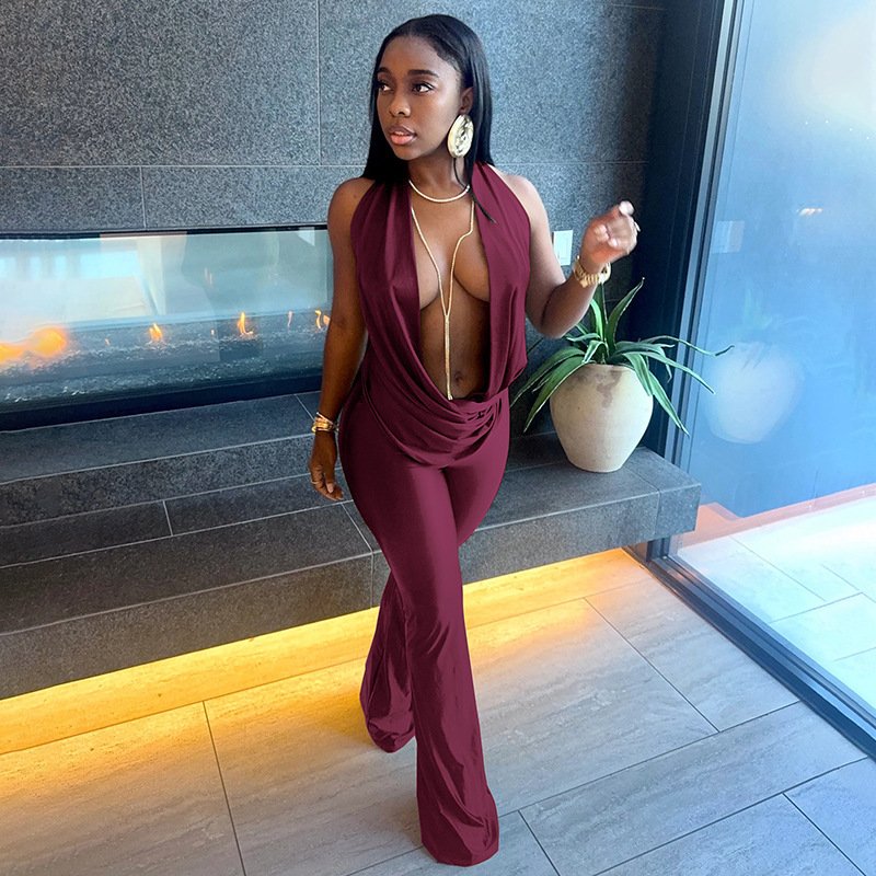D25Jp554 European and American Foreign Trade Women's Fashion Sexy Hollow-Out Faux Two-Piece Halter Neck Swing Collar Backless Jumpsuit