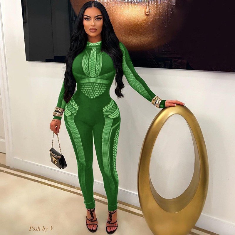 European and American Cross-Border 2025 Autumn New Women's Nylon One-Piece Knitted Hollow-Out Slim High-Elastic Jumpsuit Women's Clothing Wholesale