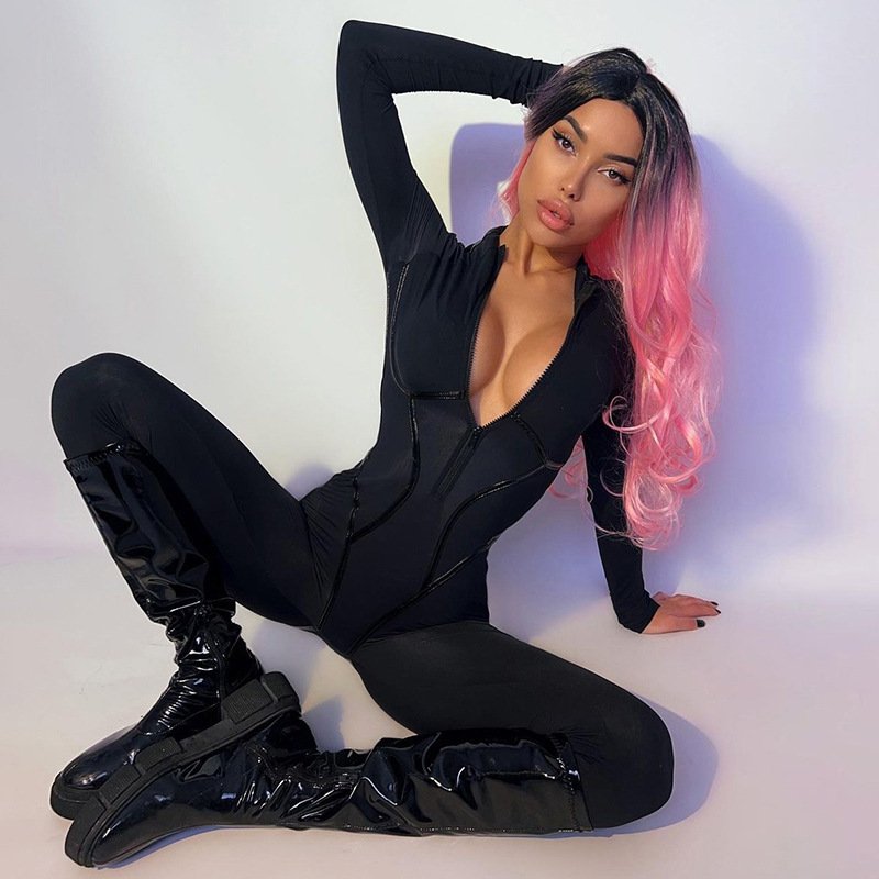 JY22540 European and American Style Hot Girl Fashion Sports Leather American Style Split Line Long Sleeve Zipper Slim-Fit Hip Jumpsuit
