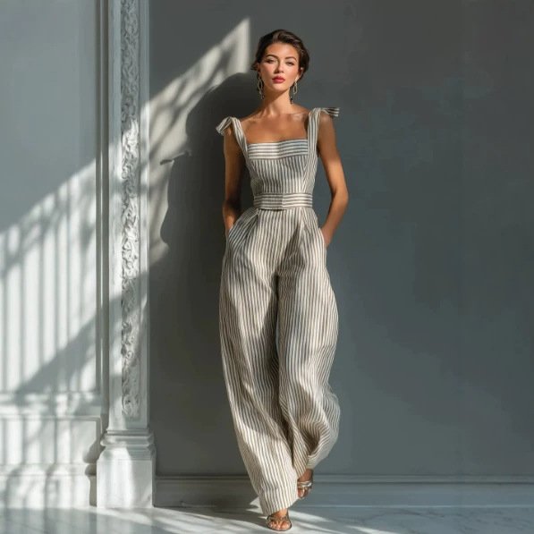 Cross-Border Independent Website Summer New Striped Suspender Pocket Jumpsuit European and American Foreign Trade High-Waisted Wide-Leg Jumpsuit for Women