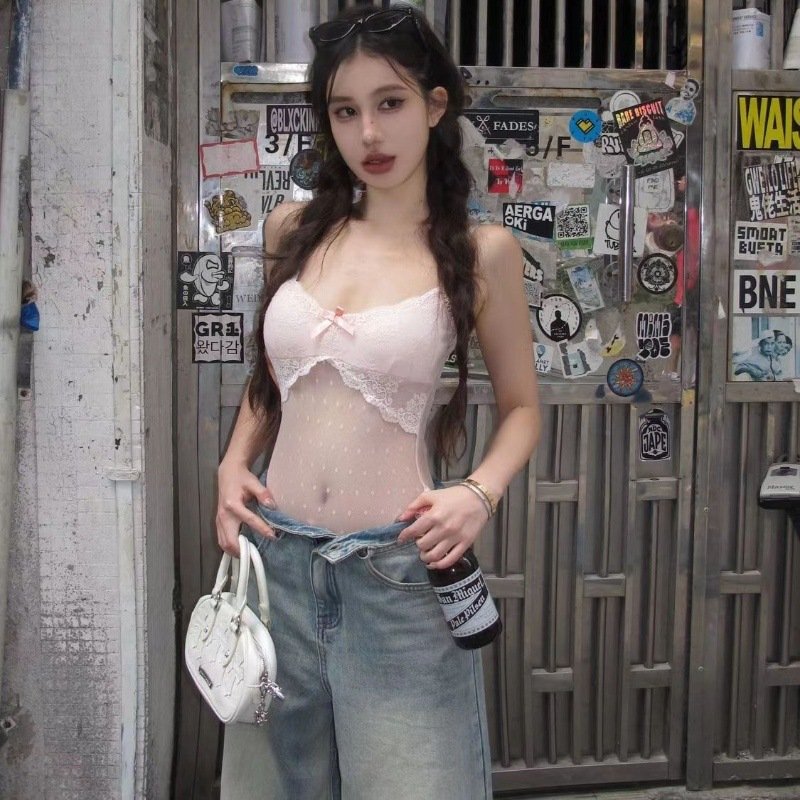 Summer 2024 Slim-fit Spice Girl Sexy Perspective Camisole with Lace Mesh Stitching Bodysuit - Image 4