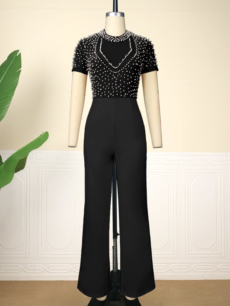 AM221118 round neck short sleeve beaded Jumpsuit casual style high waist slimming party dress Jumpsuit - Image 4