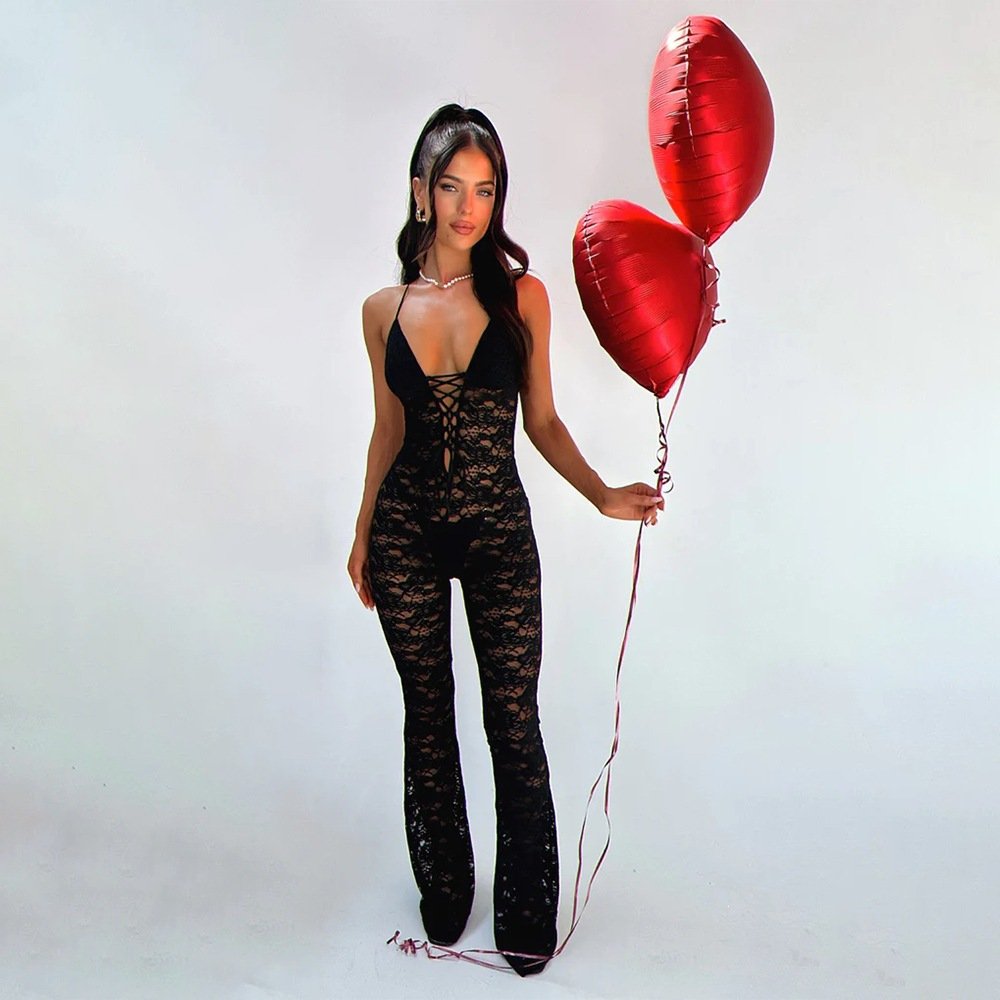 D9734 Amazon European and American Hot-Selling Women's Clothing Sexy and Fashionable Solid Color Lace See-Through Backless Halter Neck Bodysuit - Image 3