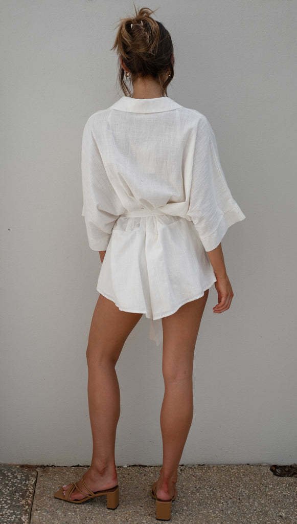 Cross-Border Amazon European and American Women's Clothing 2023 New Style Lapel Mid-Sleeve Waist-Tie Fashion Loose Short Jumpsuit - Image 3