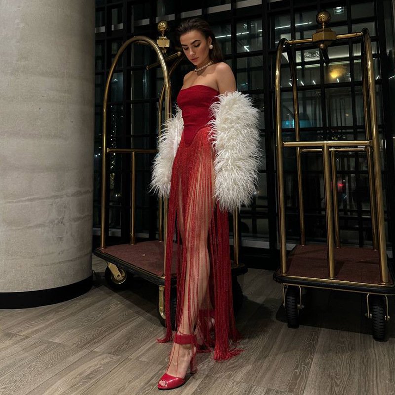 European and American Style Design with Tassel Patchwork, Strapless Jumpsuit, New Summer Model, Unique and Chic Party Performance Pants