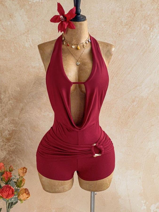European and American Cross-Border New Style Casual Vacation Bohemian Tropical Halter Neck Backless Metal Beaded Textured Jumpsuit - Image 3