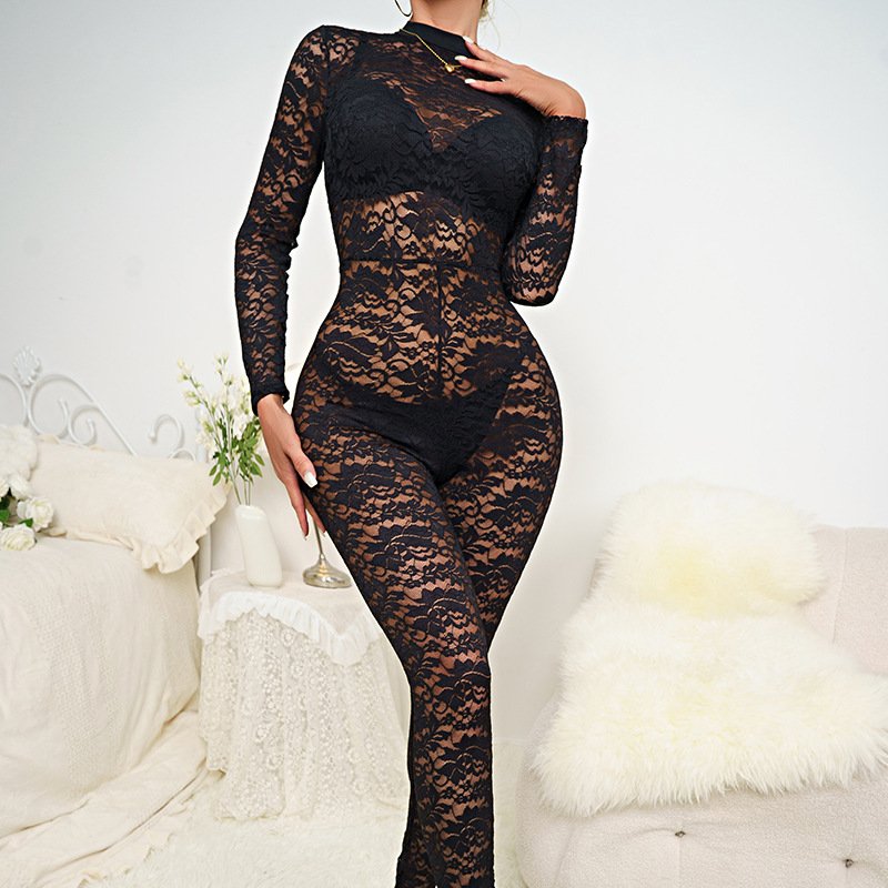 Summer New Style Sexy Hot Girl Black Lace Jacquard Hollow-Out See-Through Long-Sleeve Elegant Slim-Fit Jumpsuit with a High-End Feel