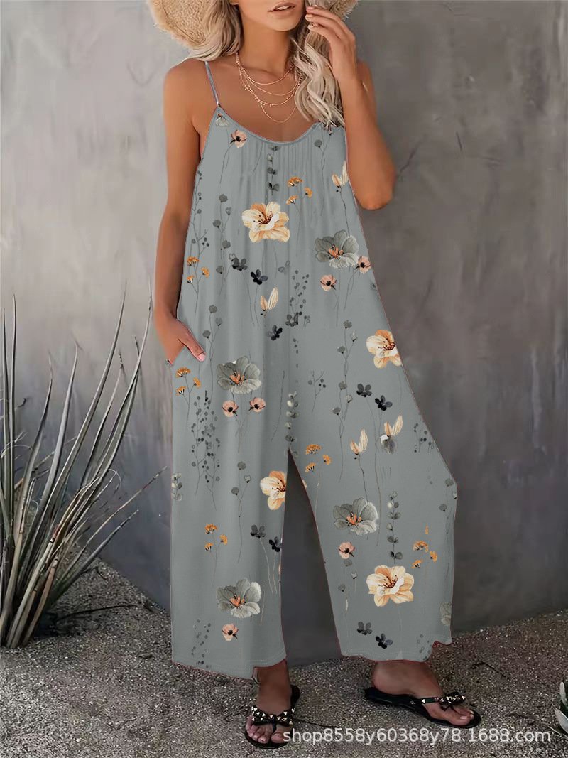 Cross-Border Amazon Women's Casual Suspender Pocket Sleeveless Printed Jumpsuit Vacation Style Sleeveless Wide-Leg Jumpsuit - Image 3