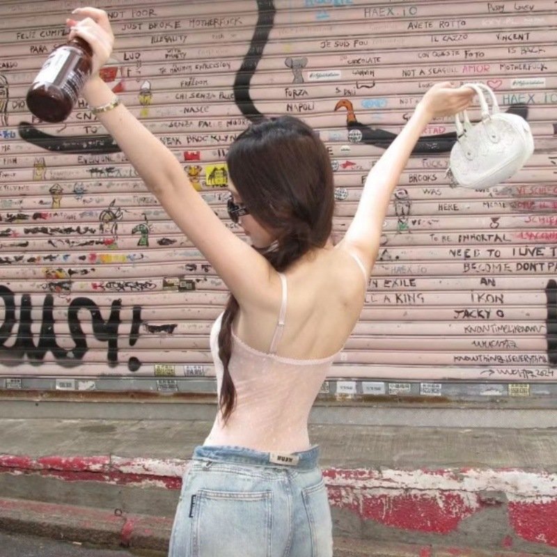 Summer 2024 Slim-fit Spice Girl Sexy Perspective Camisole with Lace Mesh Stitching Bodysuit - Image 3