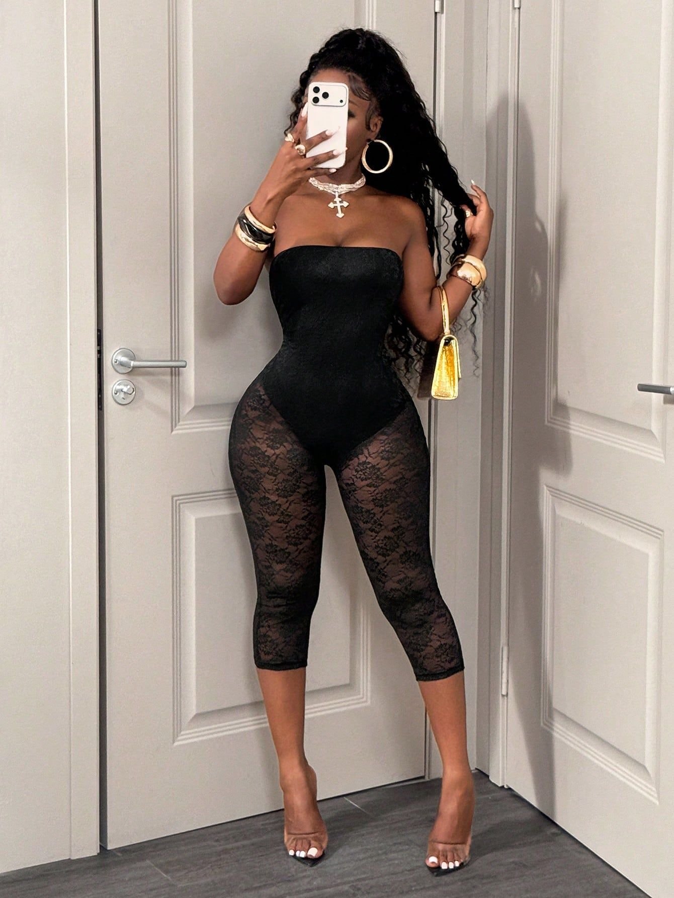 European and American Cross-Border Women's Fashion New Arrivals: Sexy Slim-Fit Sheer Fashion Backless Lace Three-Quarter Jumpsuit Amazon